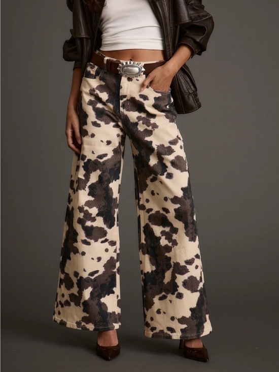 12th Tribe Pants - 12th Tribe Midland Wide Leg Cow Print Pants in Cream & Brown